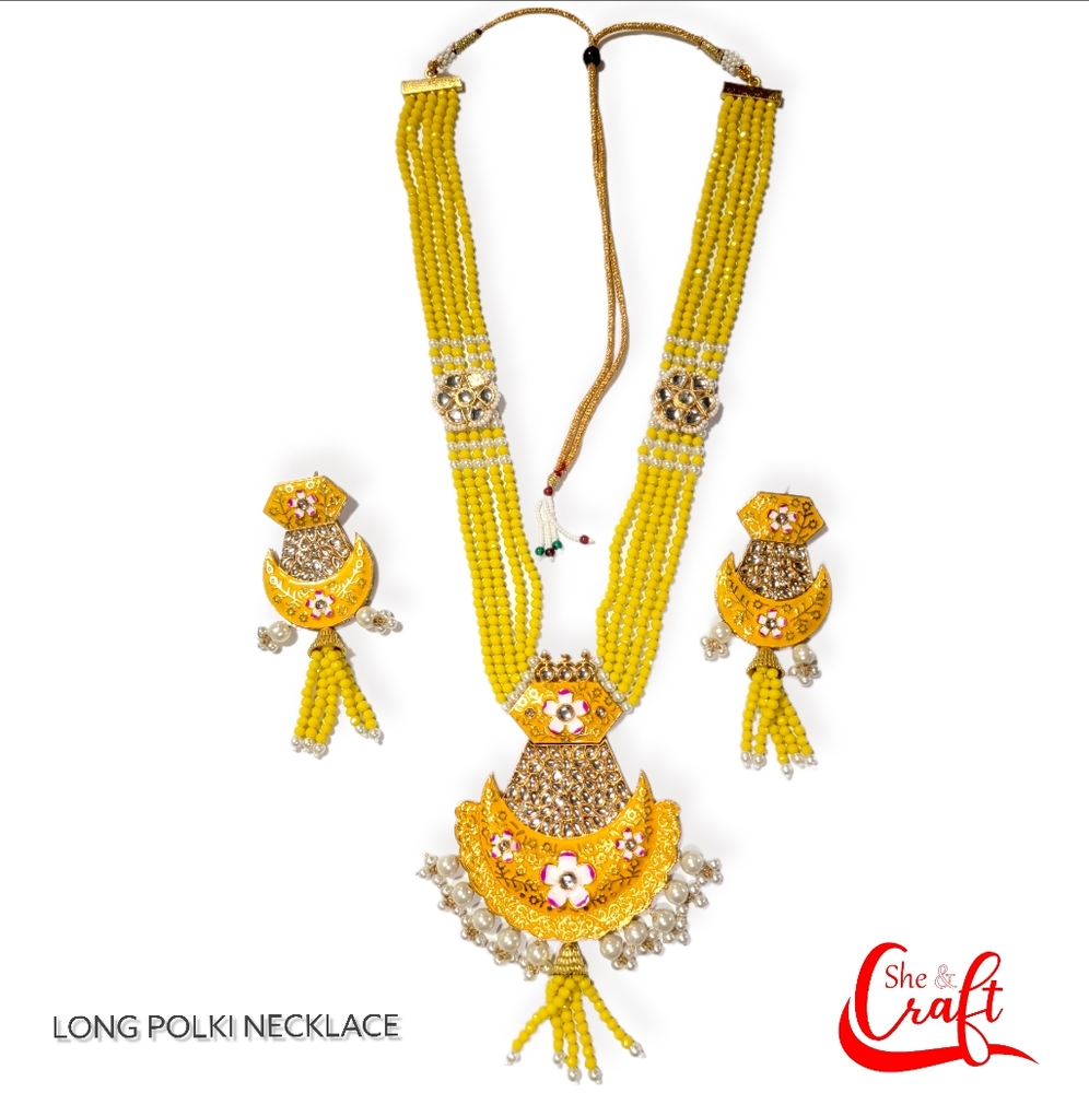 Indian Pakistani Beaded Handmade Long Yellow Necklace set with Earrings|Mala Har